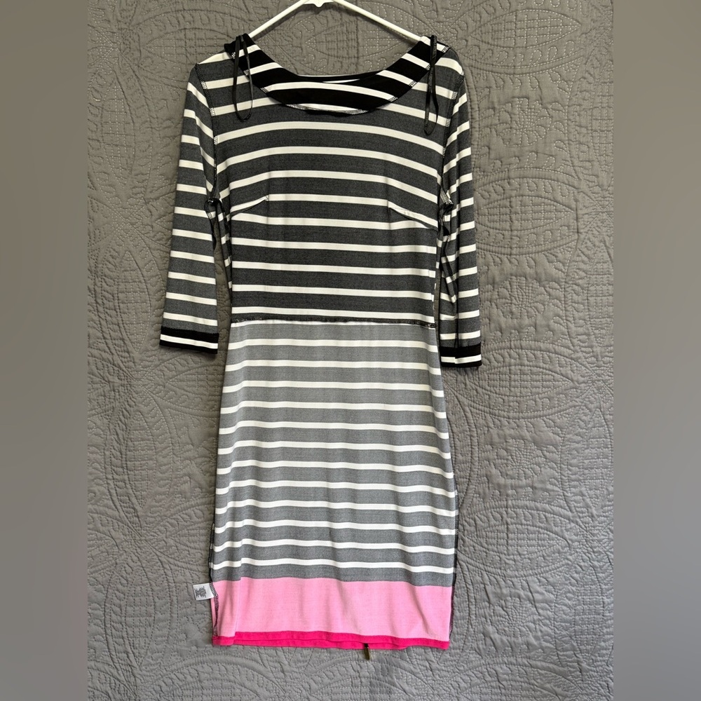Liz Claiborne Dress Women's Sz S Belted Sheath 3/4 Sleeve Knee Length Striped - Picture 10 of 12